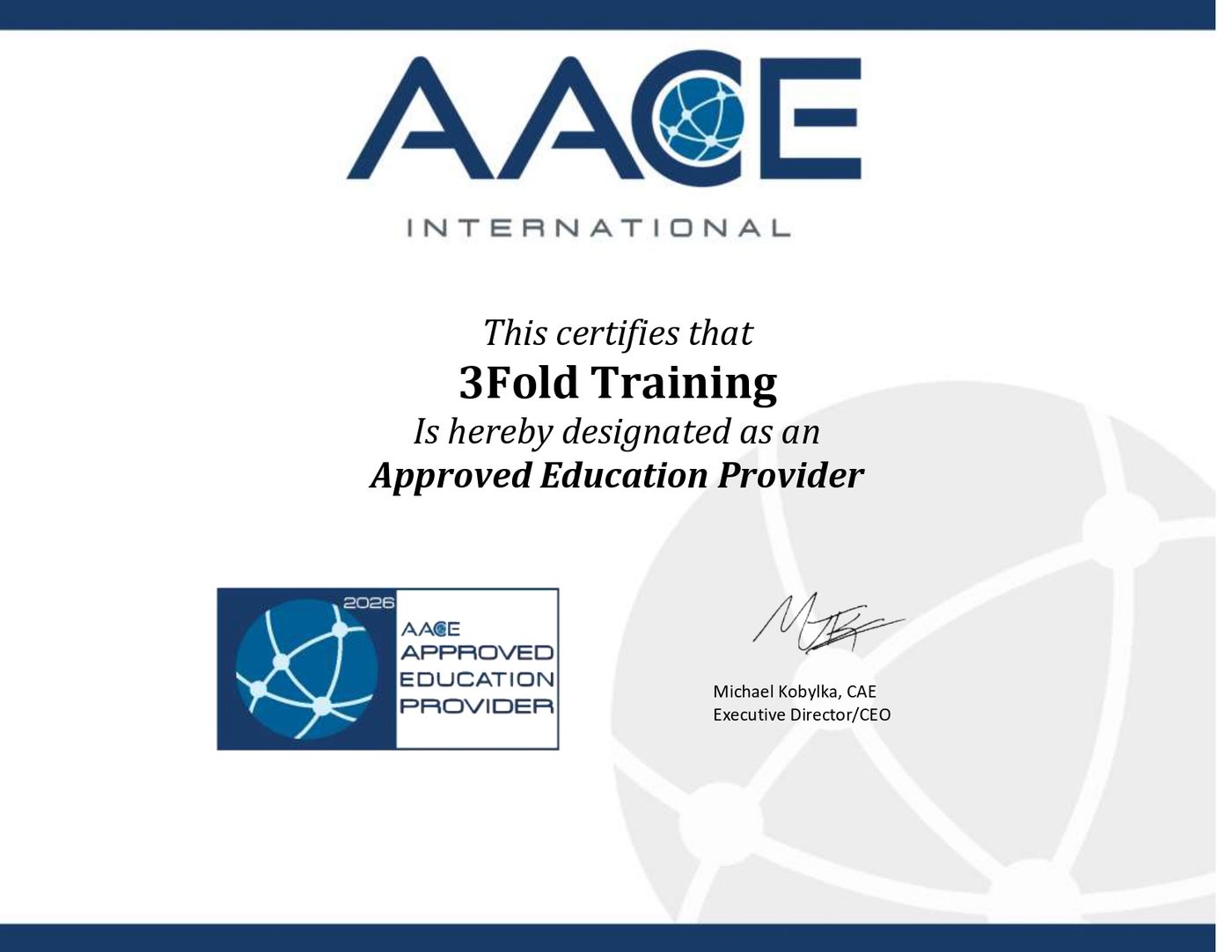 AACE International certificate designating 3FOLD Training as an Approved Education Provider, 2026